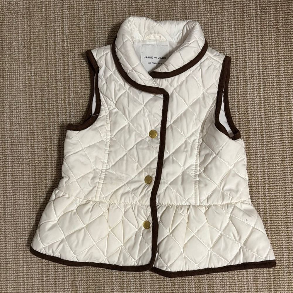Janie and Jack Cream Quilted Vest with Brown Trim